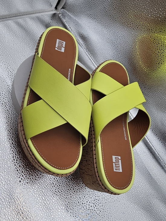 Fitflop Shoes - FitFlop Platform Slide Sandals Neon Yellow Lime Cork Sole Criss Cross Women’s